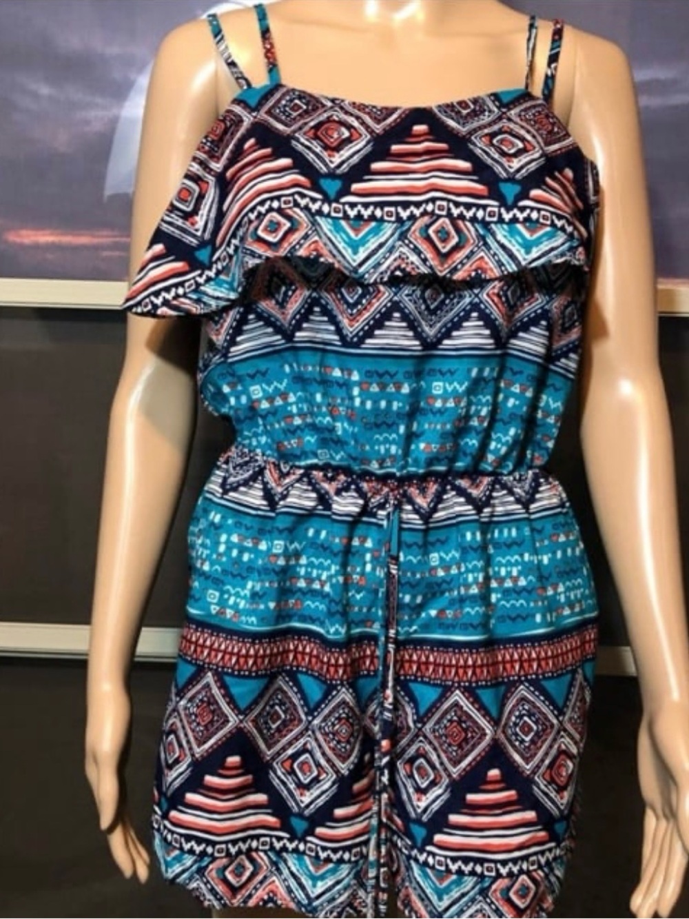 Body Central Teal Navy Aztec Print Strap Romper